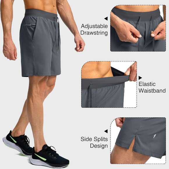 Men's Lightweight Quick Dry Athletic Shorts with Zipper Pockets, 7 Inch Inseam, - Picture 5 of 6
